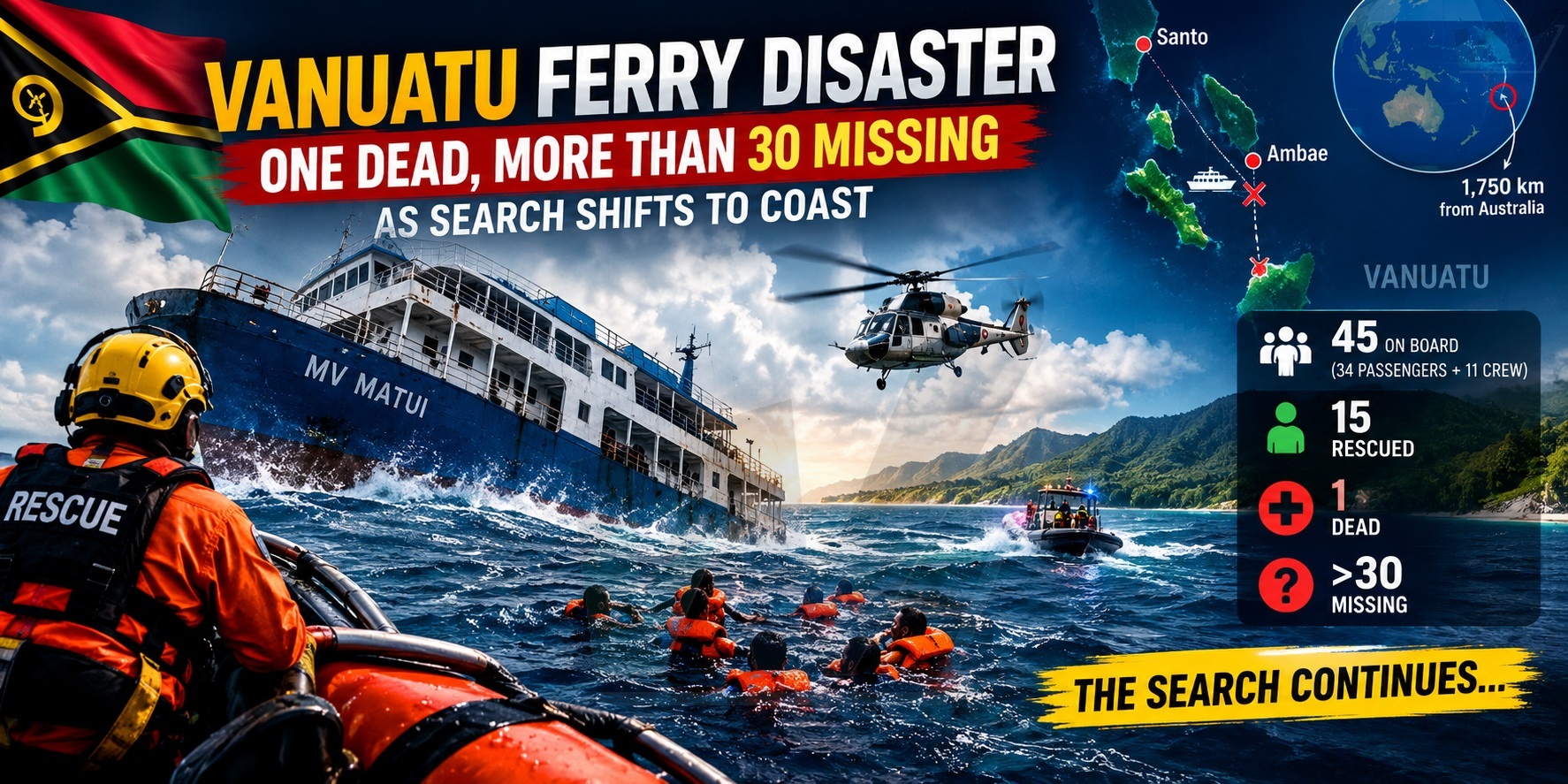 Vanuatu Ferry Disaster: One Dead, More Than 30 Missing as Search Shifts to Coast